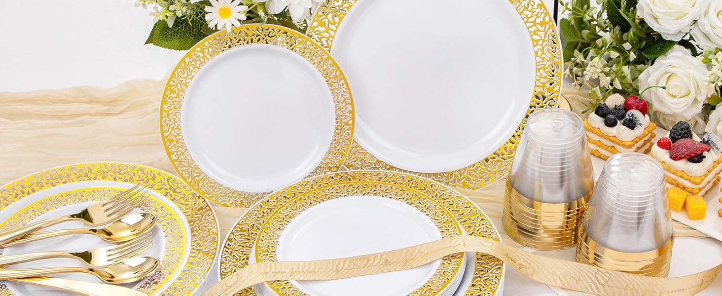 210Pcs Gold Plastic Dinnerware – Disposable Silverware and Cups, Include:30