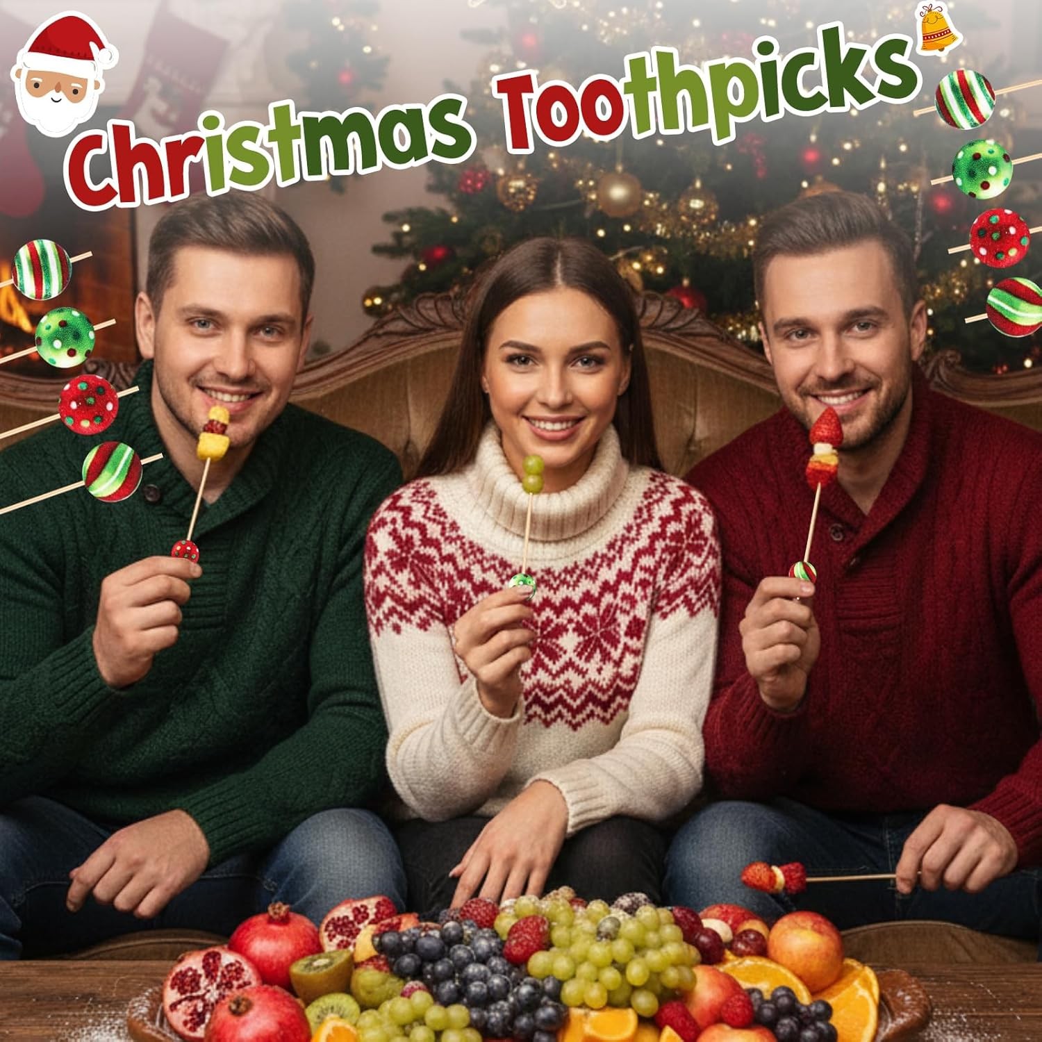 160 Pcs Christmas Cocktail Picks Xmas Ball Red Green Wooden Toothpicks for