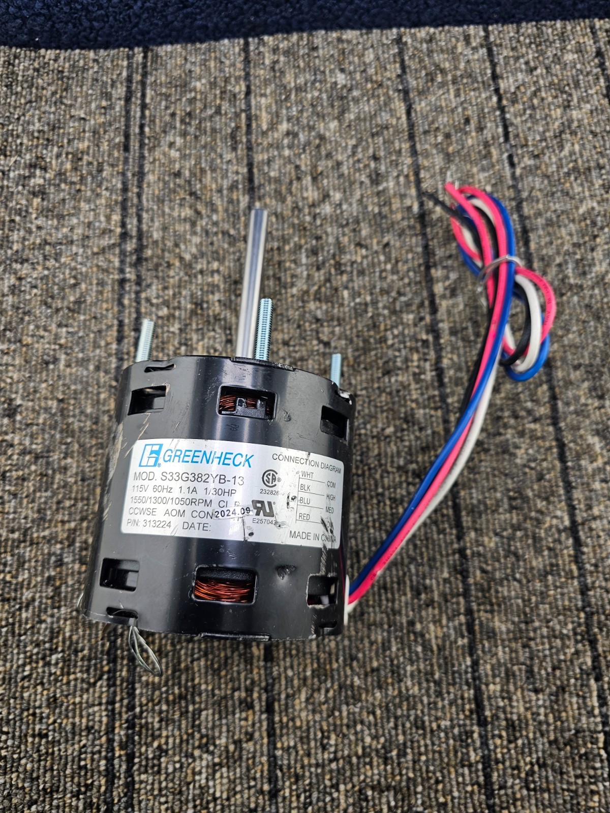 GREENHECK 313224: 1/30 HP, 3-Speed Thru-Bolt Fan Motor 115V, 60Hz, 1 Phase