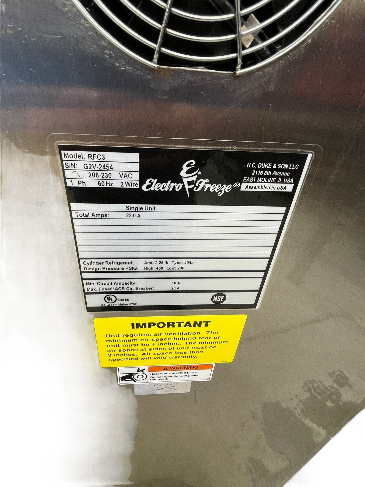 Electro Freeze Batch Freezer RFC3, PH1, water cooled W/Warranty