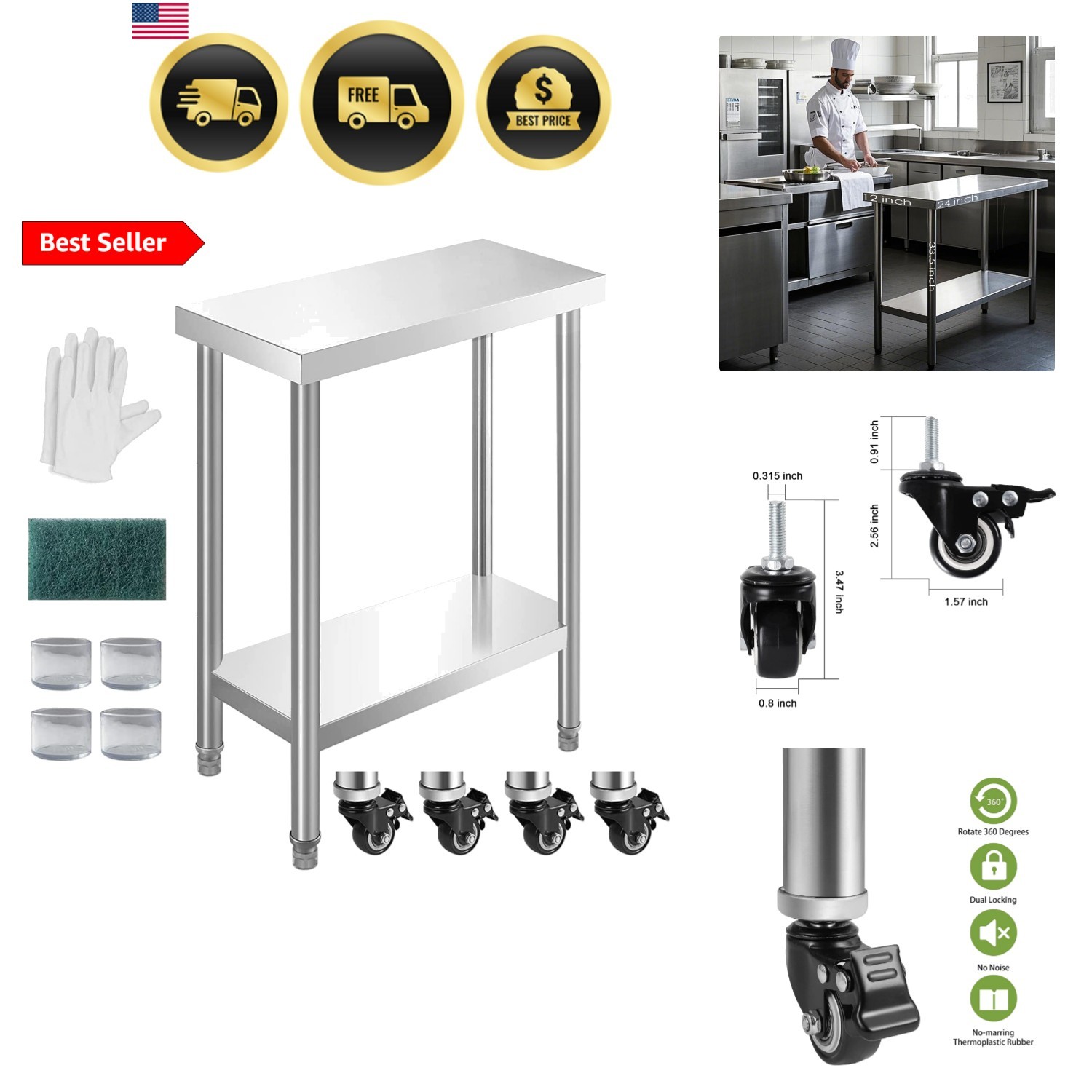 NSF Stainless Steel Table for Prep & Work with Caster 24×12 Inches, Metal Com…