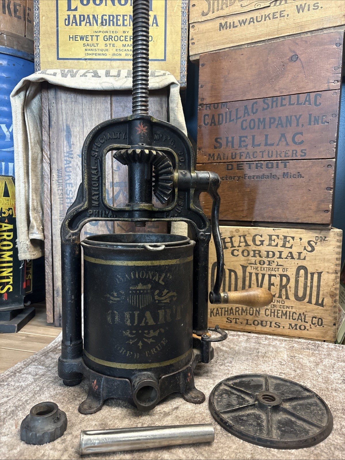 Antique Cast Iron National 4 Quart Fruit Press Sausage Stuffer Philadelphia 1897