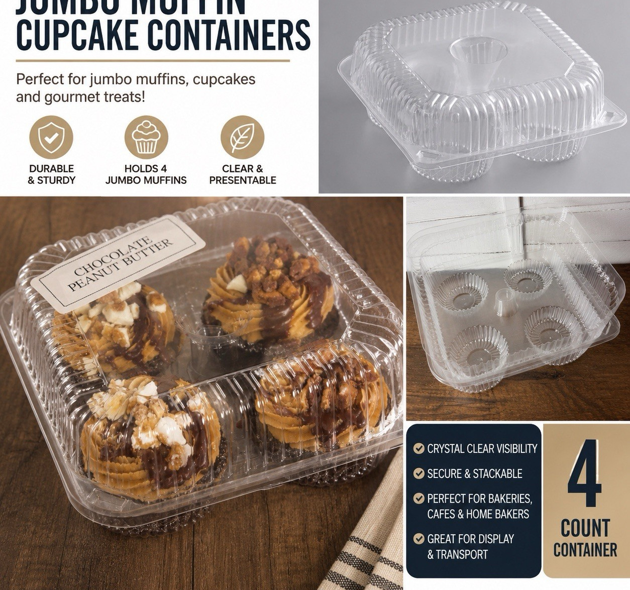 111 Jumbo Muffin Cupcake Clear Plastic Clamshell Containers 4 Compartments