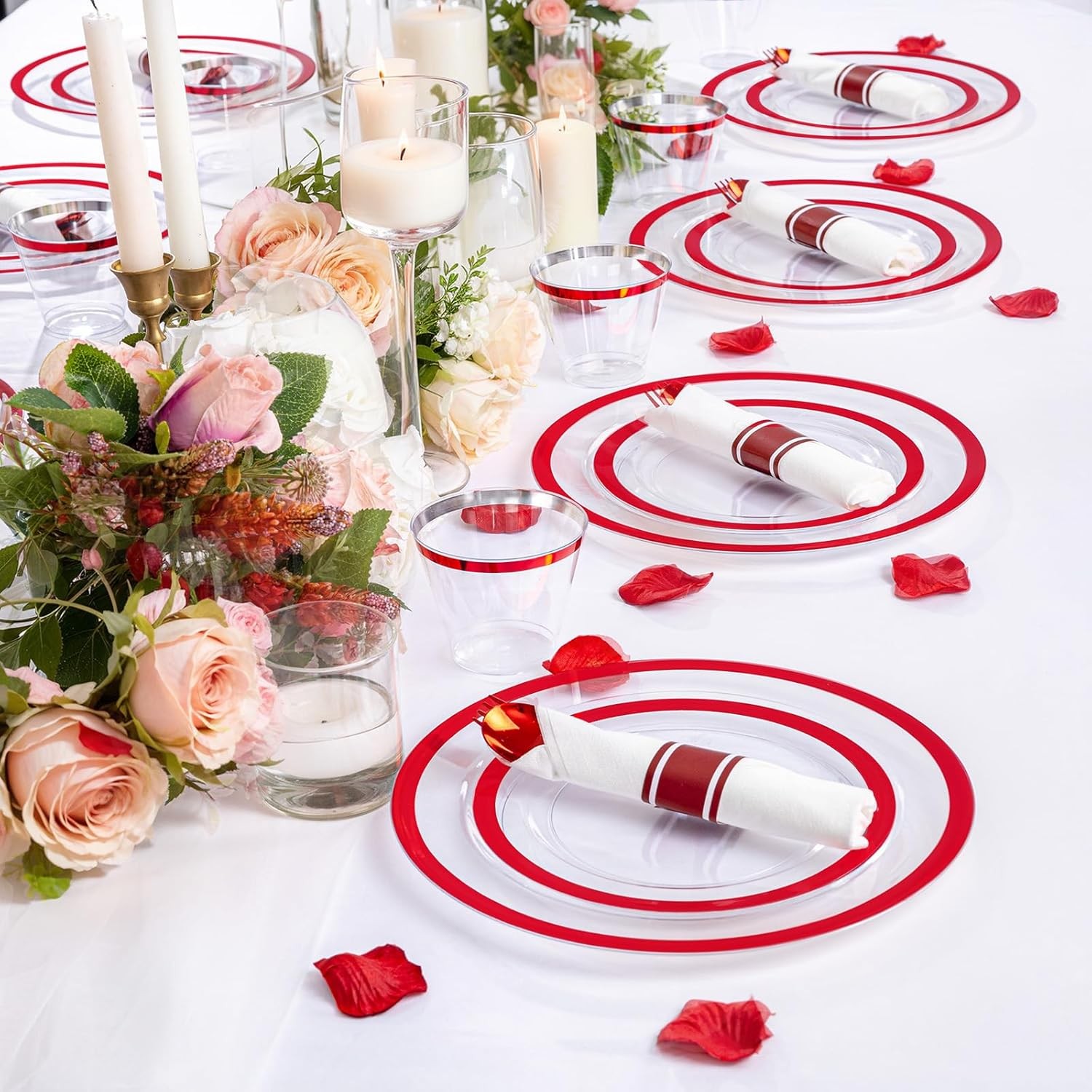 210 Pcs Red Plates Set,Clear and Red Plastic Plate Include 60 Plates,30 Cups,30