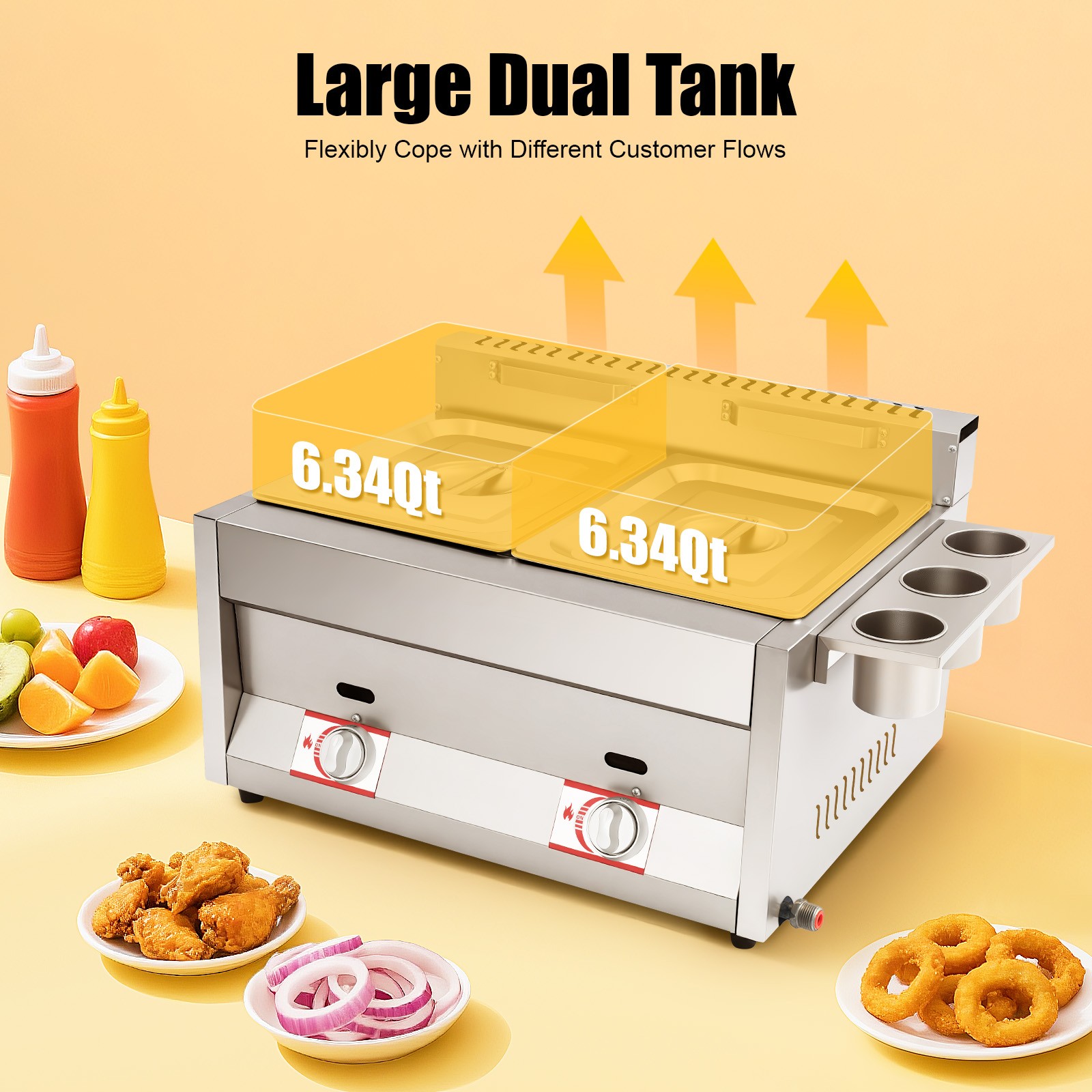 23.74*18.11*13.18″ Silver Commercial Dual Tank Kitchen Deep Fryer W/ Basket& Lid