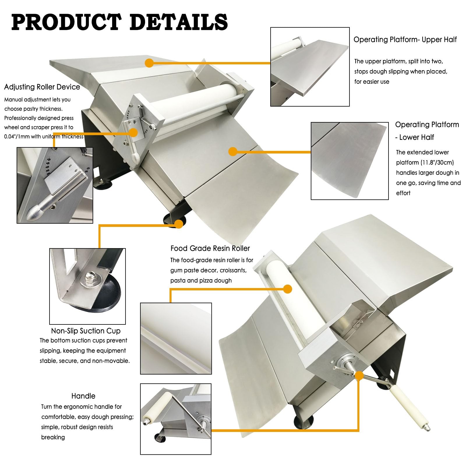 EQCOTWEA Manual Dough Roller Sheeter Machine 16.5″ Stainless Steel Pasta Press