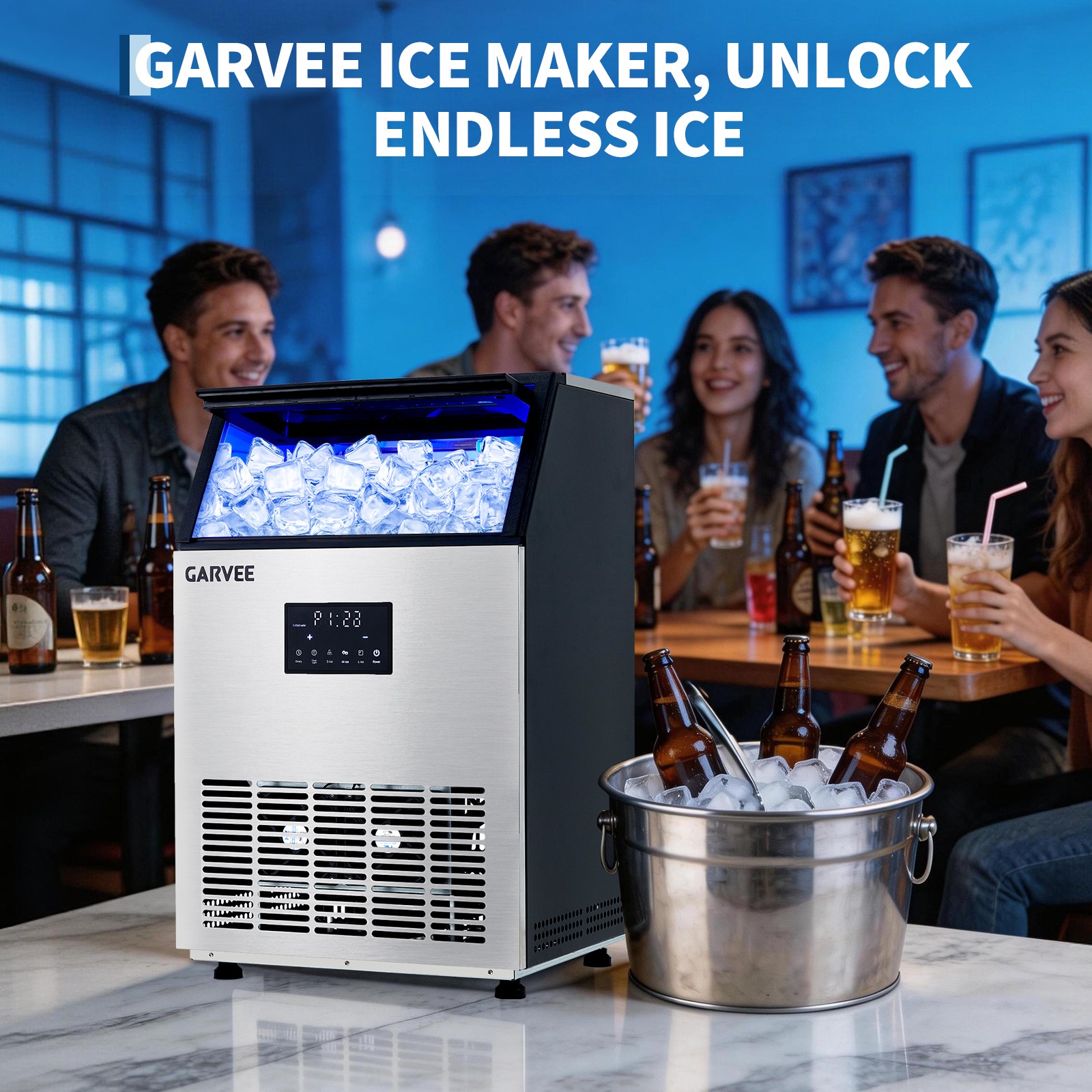 Garvee Commercial Ice Maker,40 Lbs Storage,Freestanding,150 Lbs/24H,3 Ice Sizes
