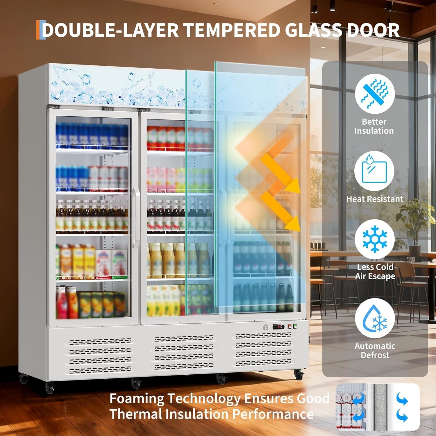 Commercial Refrigerator, Three Glass Door Display Beverage Fridge, 39 Cu ft Upri
