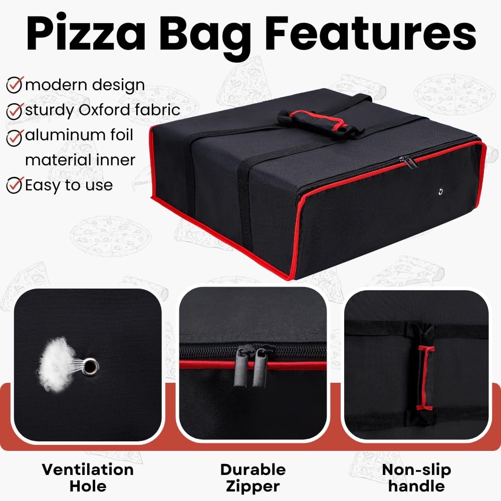 TOGETRUE Pizza Delivery Bag – Insulated 20W x 20D x 6H, Black-red Edge