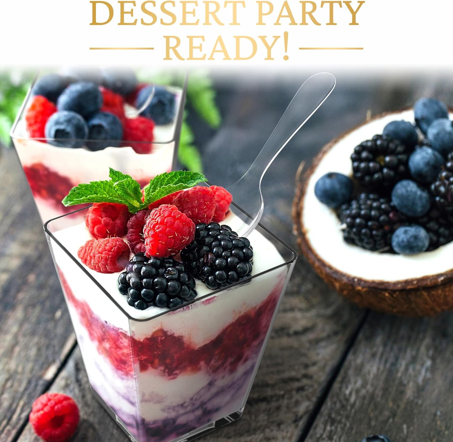 Mini Dessert Cups with Spoons (50 PACK) (Clear Spoons) (No Lids) – 5 oz Parfait