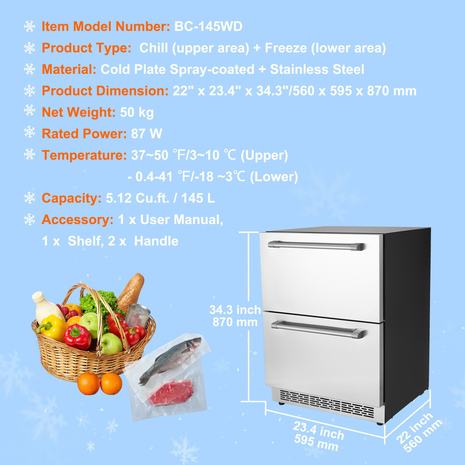 VEVOR Undercounter Refrigerator 24″ Built-in 2 Drawer Refrigerator Chill Freeze