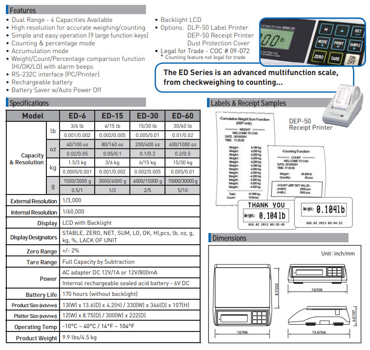 CAS ED-60 Digital Bench & Counter Scale, 0~30 x 0.01 lbs/30~60 x 0.02 lbs, NTEP