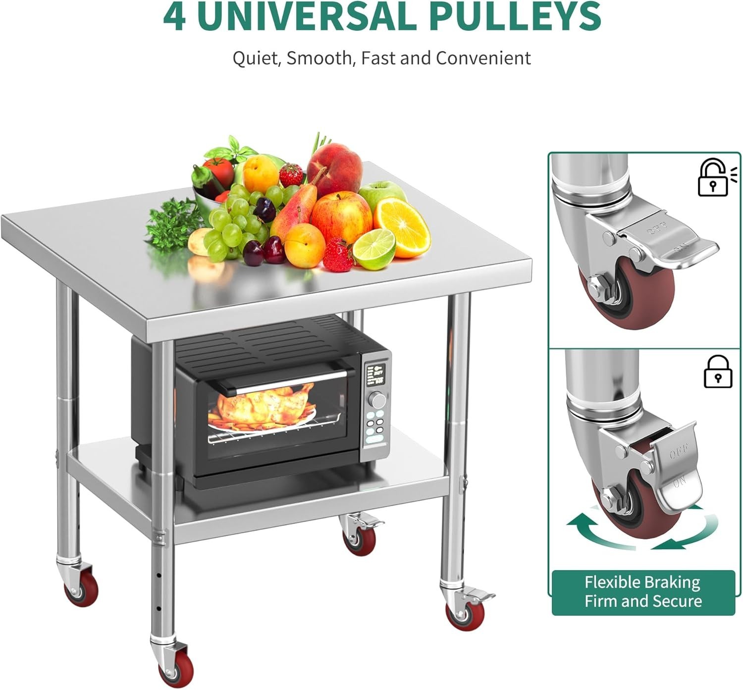 NSF Stainless Steel Table, 30″ X 24″ Work Table with Wheels, 2 Shelves Metal …