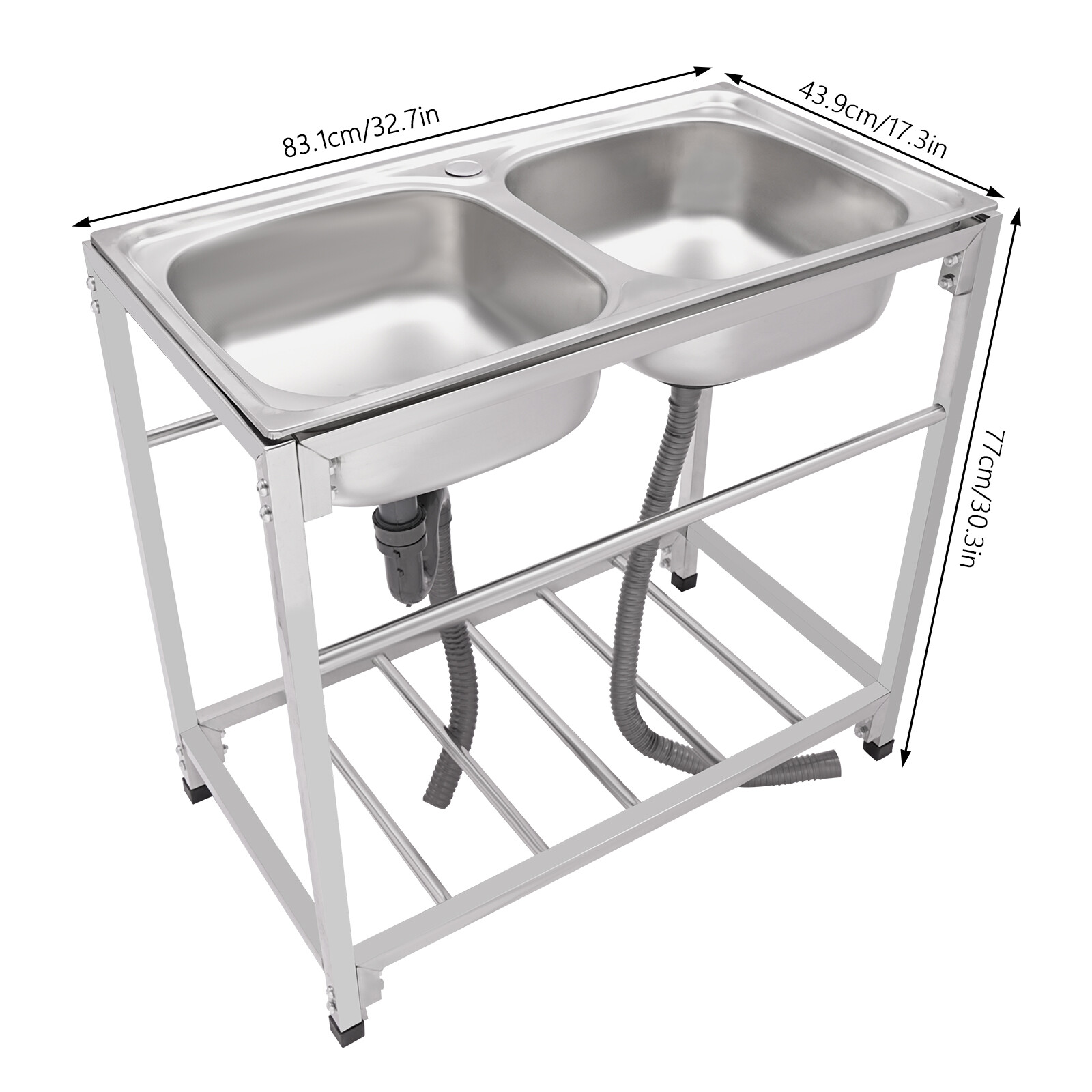 Commercial Stainless Steel Kitchen Sink Free-standing Utility Double-Bowls Sink