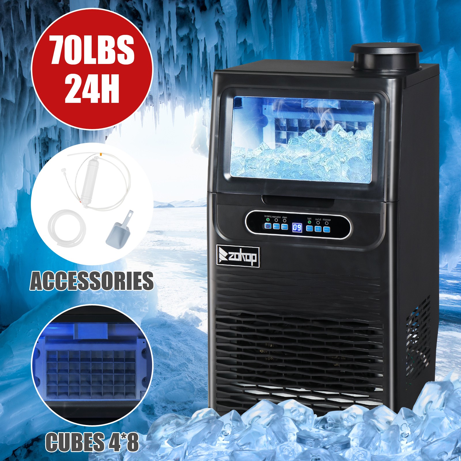 ZOKOP 70lbs Built-in Commercial Home Bar Service Ice Maker Cube Machine Electric