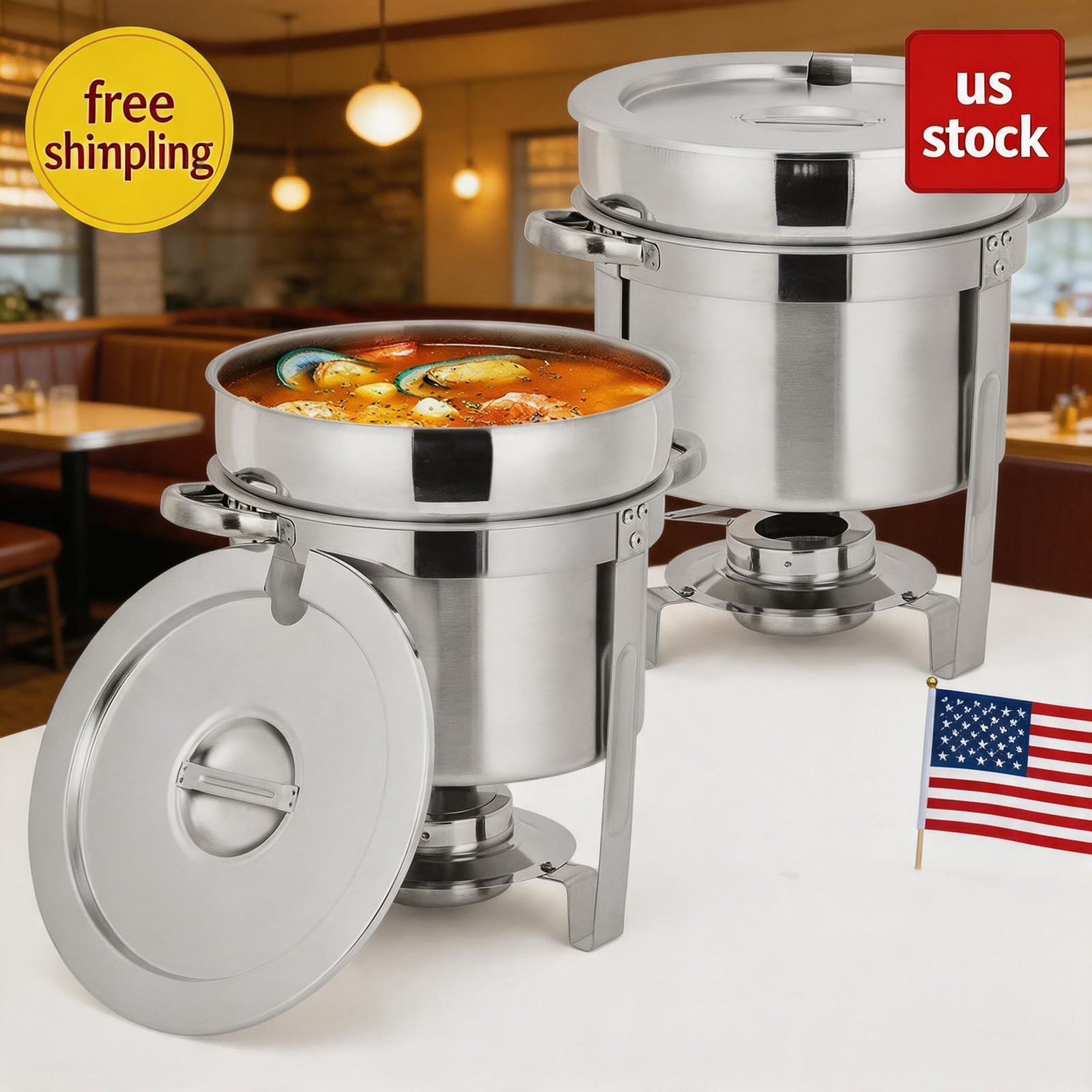 7QT Commercial Soup Warmer Set, 2 Pack Stainless Steel Round Soup Chafer
