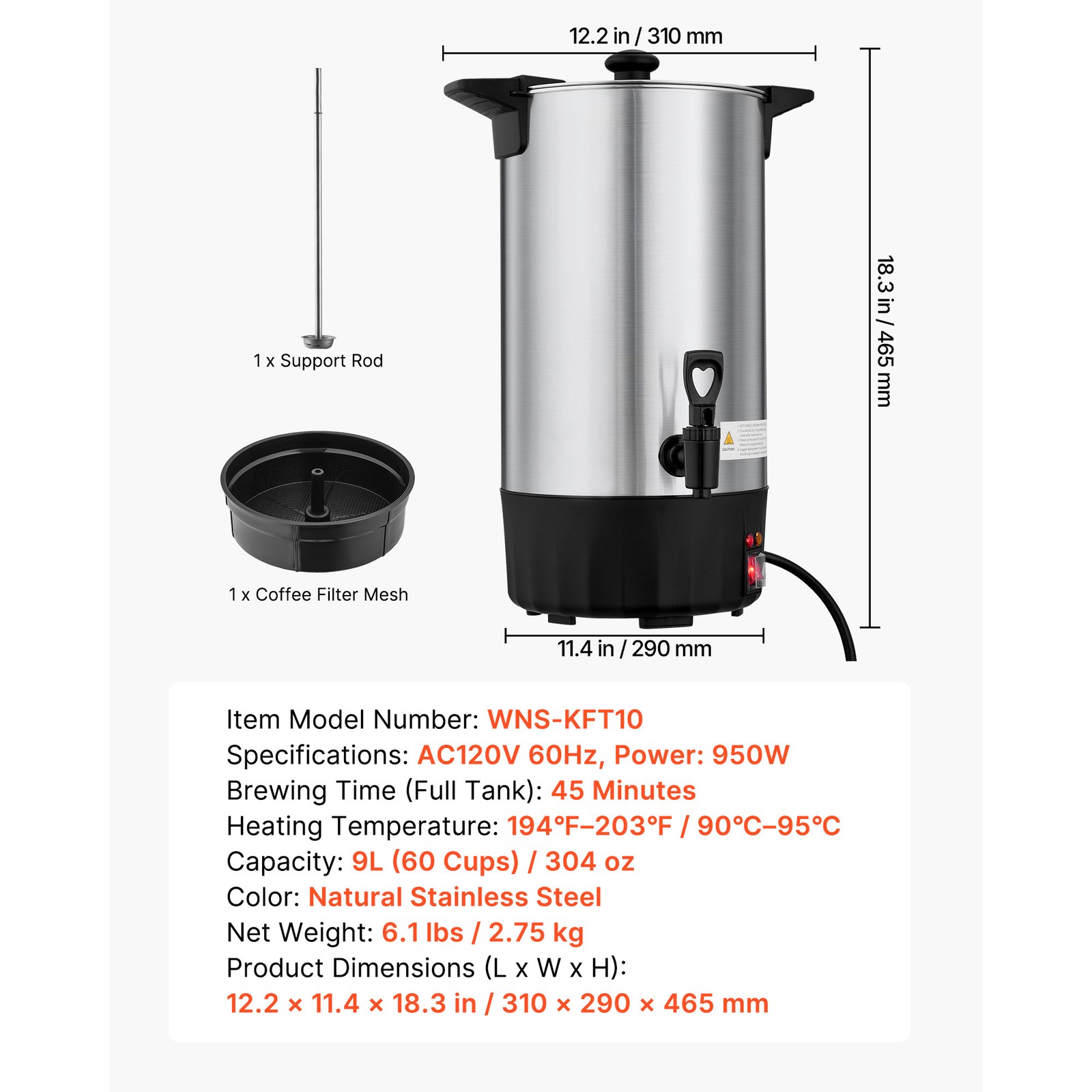 Uimoso Commercial Coffee Urn 60 Cup Hot Drink Dispenser 9L Stainless Steel