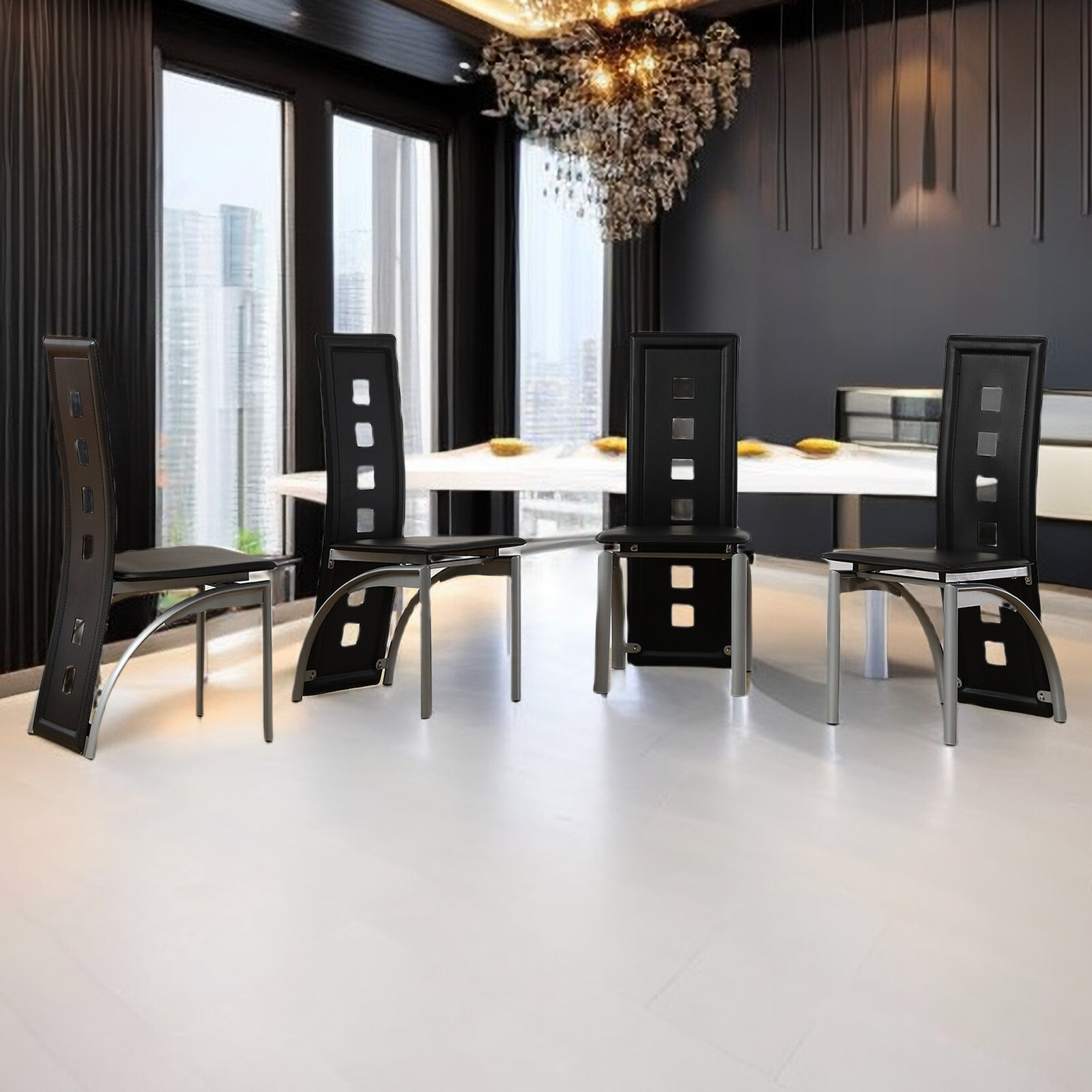 4pcs Dining Chairs – PU Leather, High Back Square Cutout Design & Chrome Legs