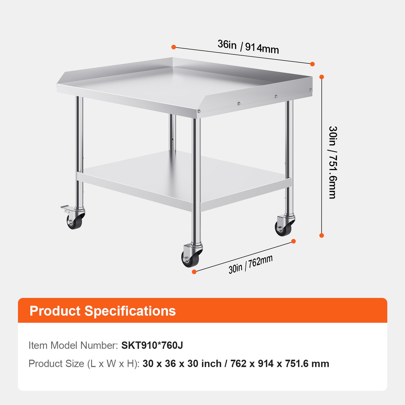 Stainless Steel Work Table 30x36x30 Inch with 4 Wheels & Backsplash