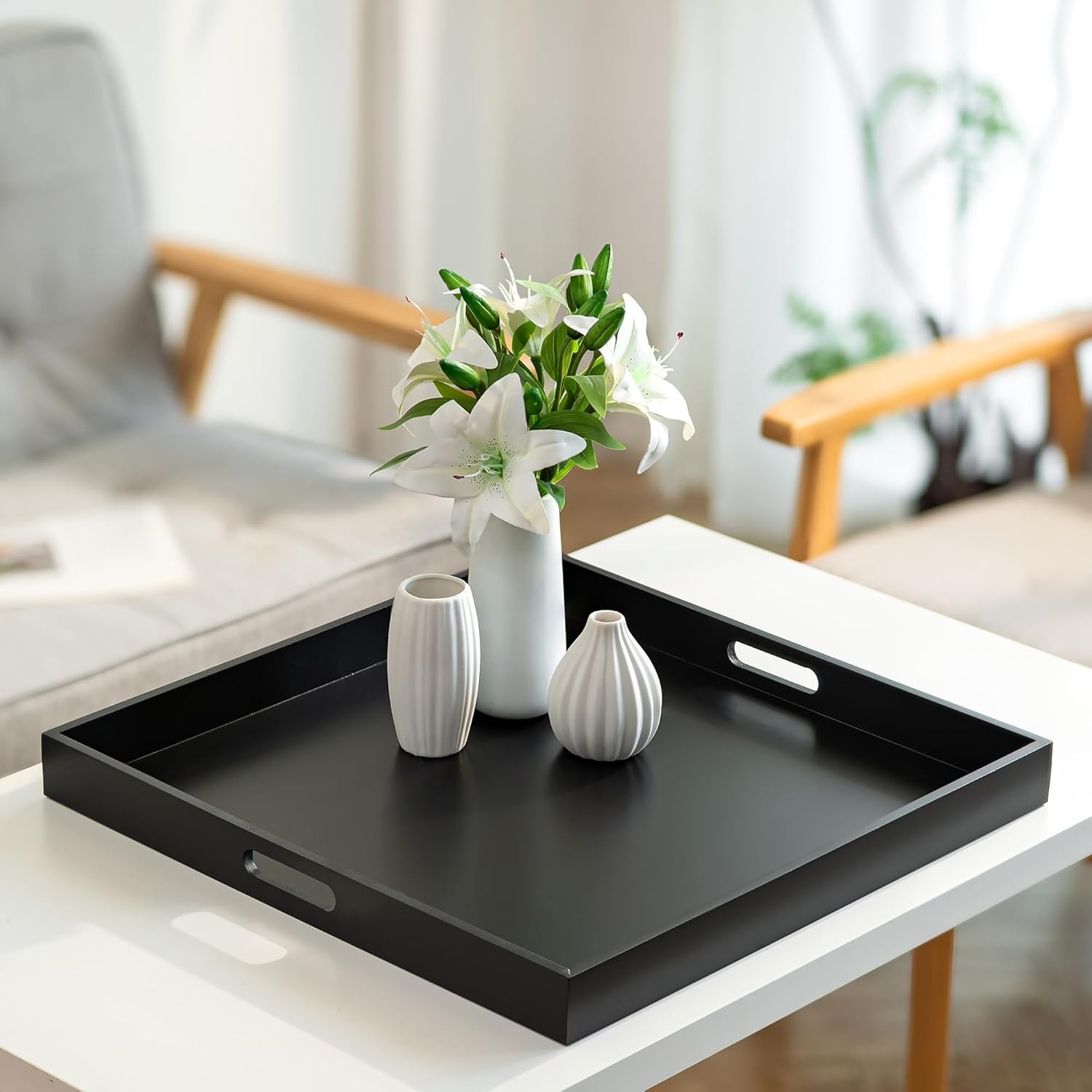 Ottoman Tray for Living Room Modern Extra Large Black Serving Decorative Trays