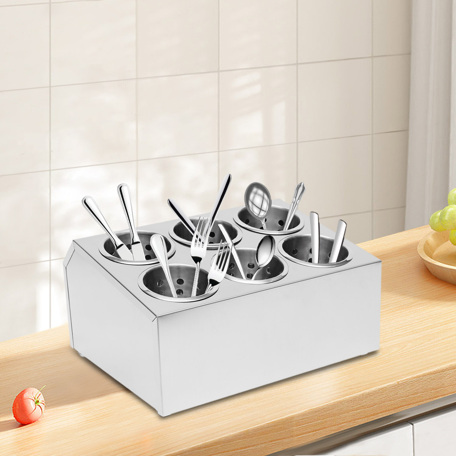 6 Holes Flatware Cylinder Holder Commercial Stainless Steel Utensil Storage