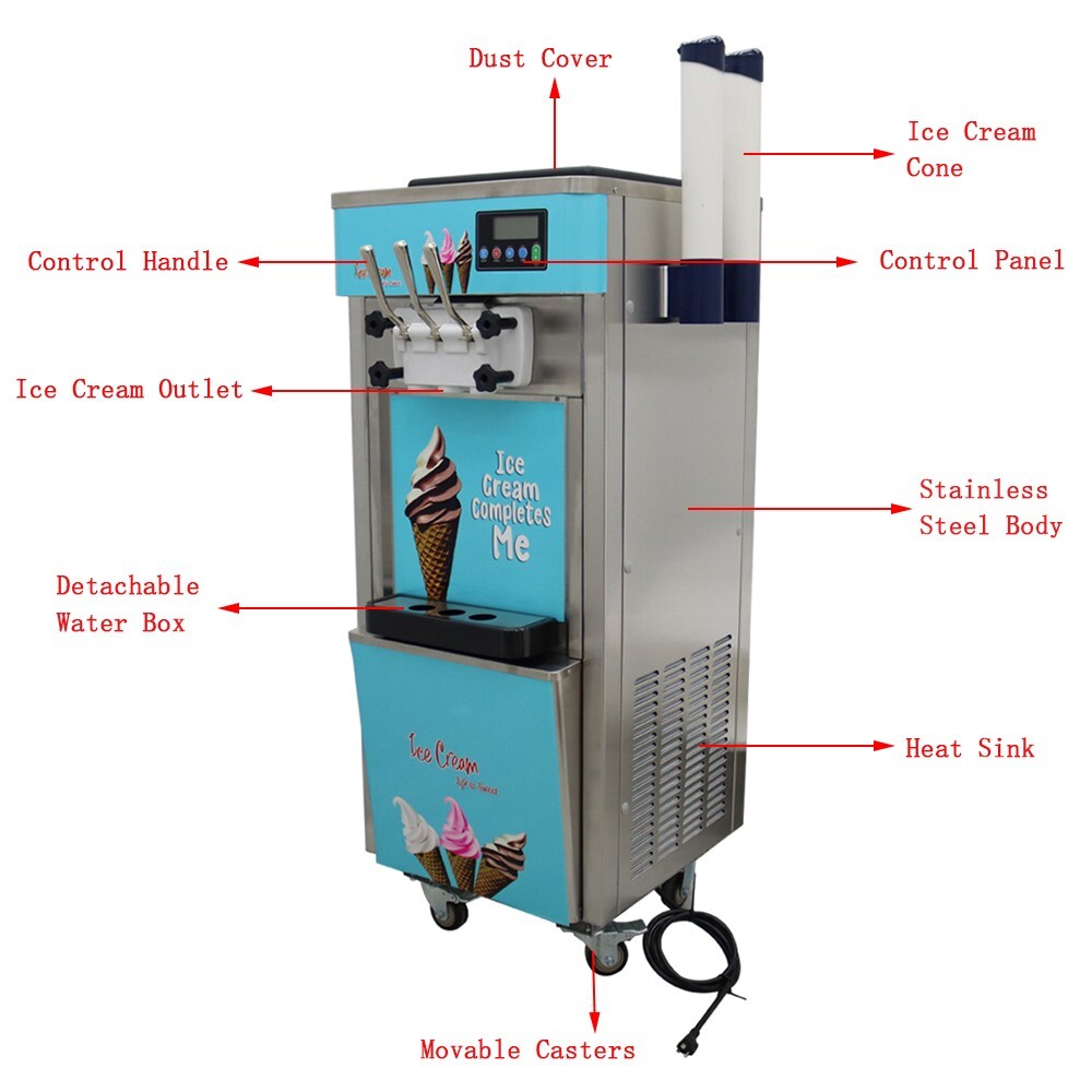 Movable 3 Head Soft Ice Cream Machine 20-30L/h Output 110V 1800W Easy to Clean