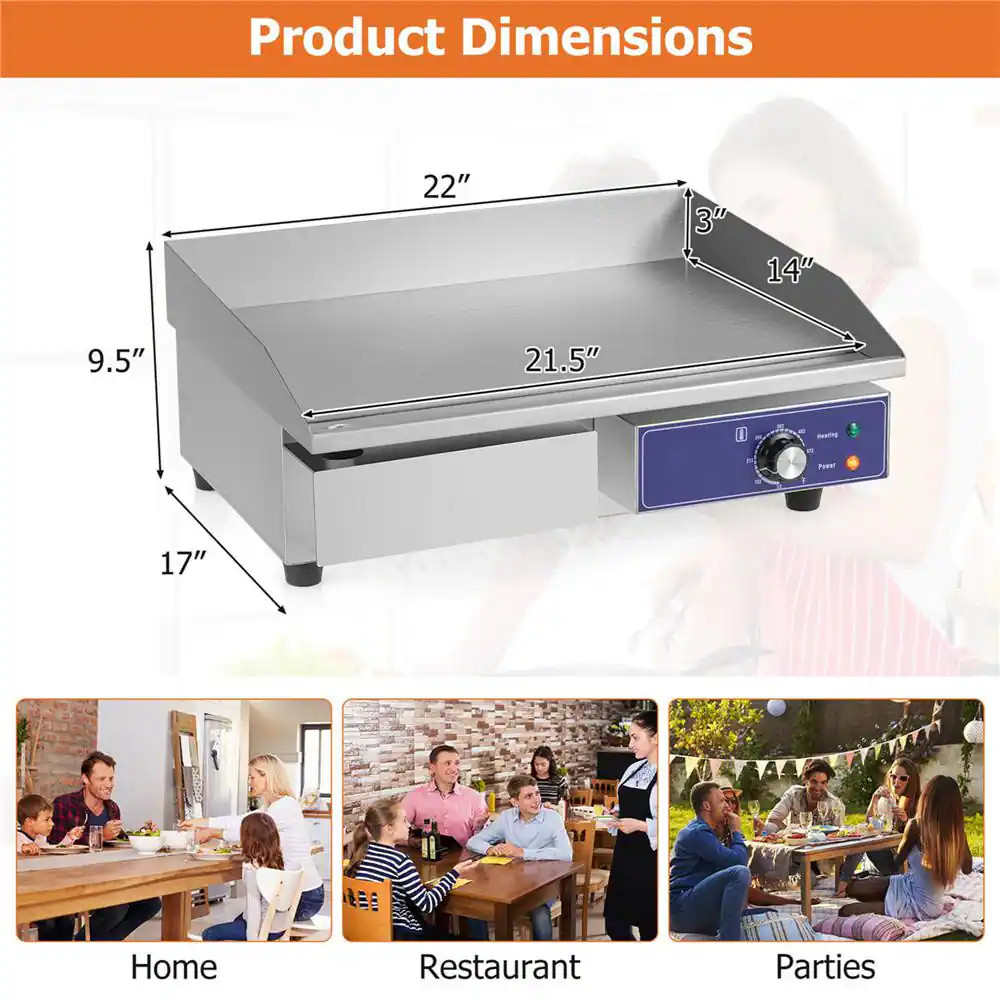 22 In. Commercial Electric Grill 110-Volt 2000-Watt Flat Top Countertop Grill 12