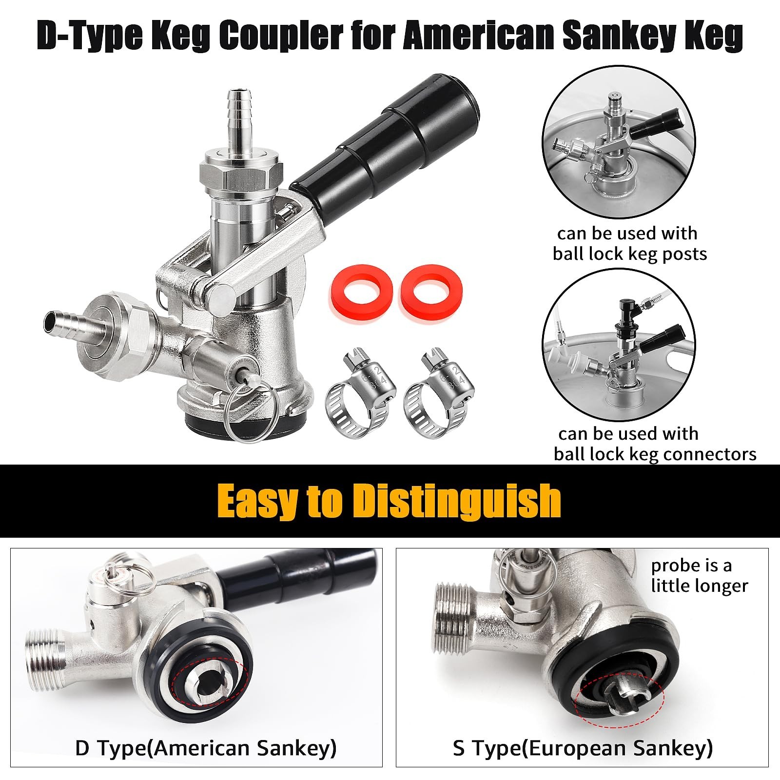 Sankey D Keg Coupler Tap Dispenser – 304 Stainless Steel, Fits 1/4″ & 3/16″ Line