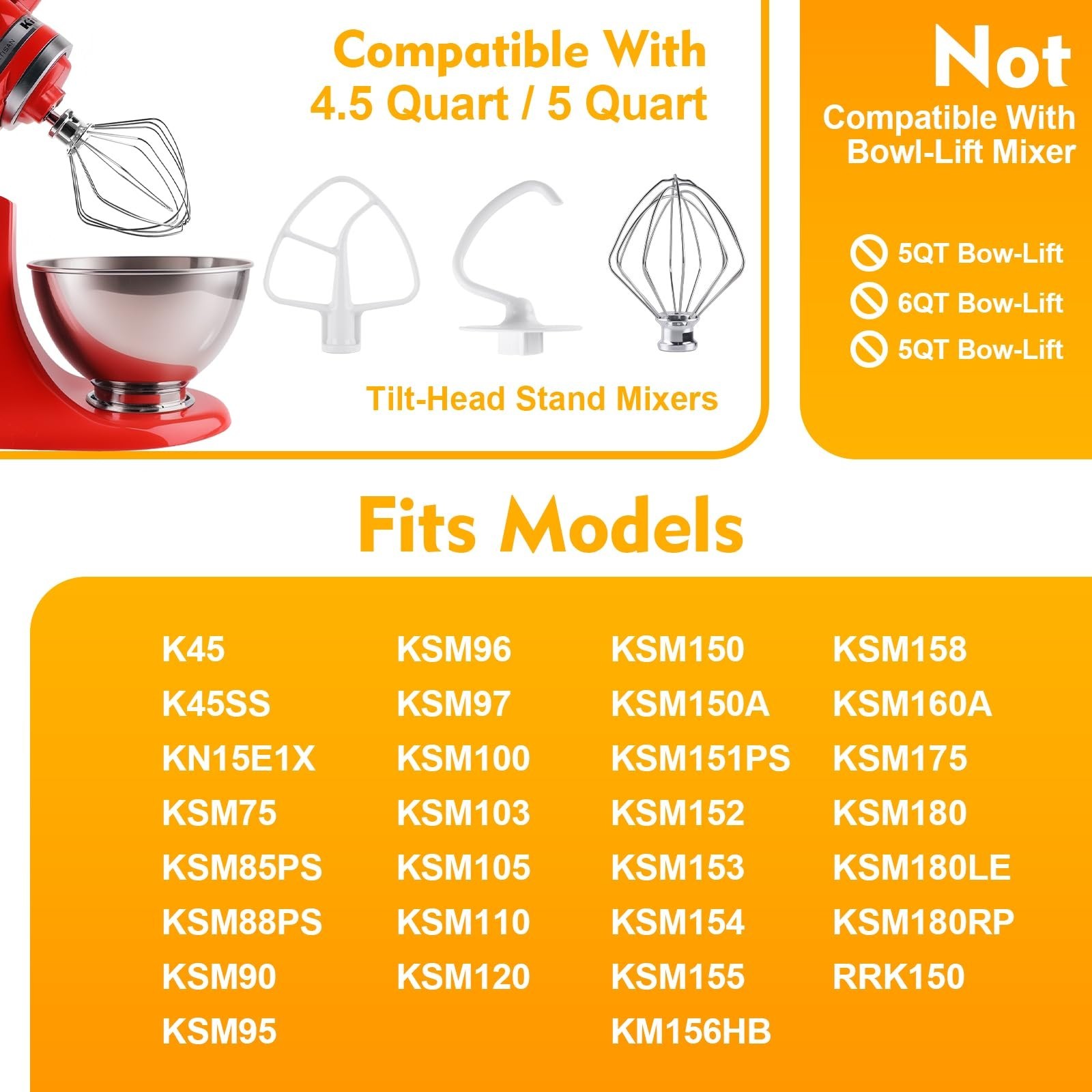3-Piece KitchenAid Stand Mixer Attachments, Stainless Whip Hook and Paddle