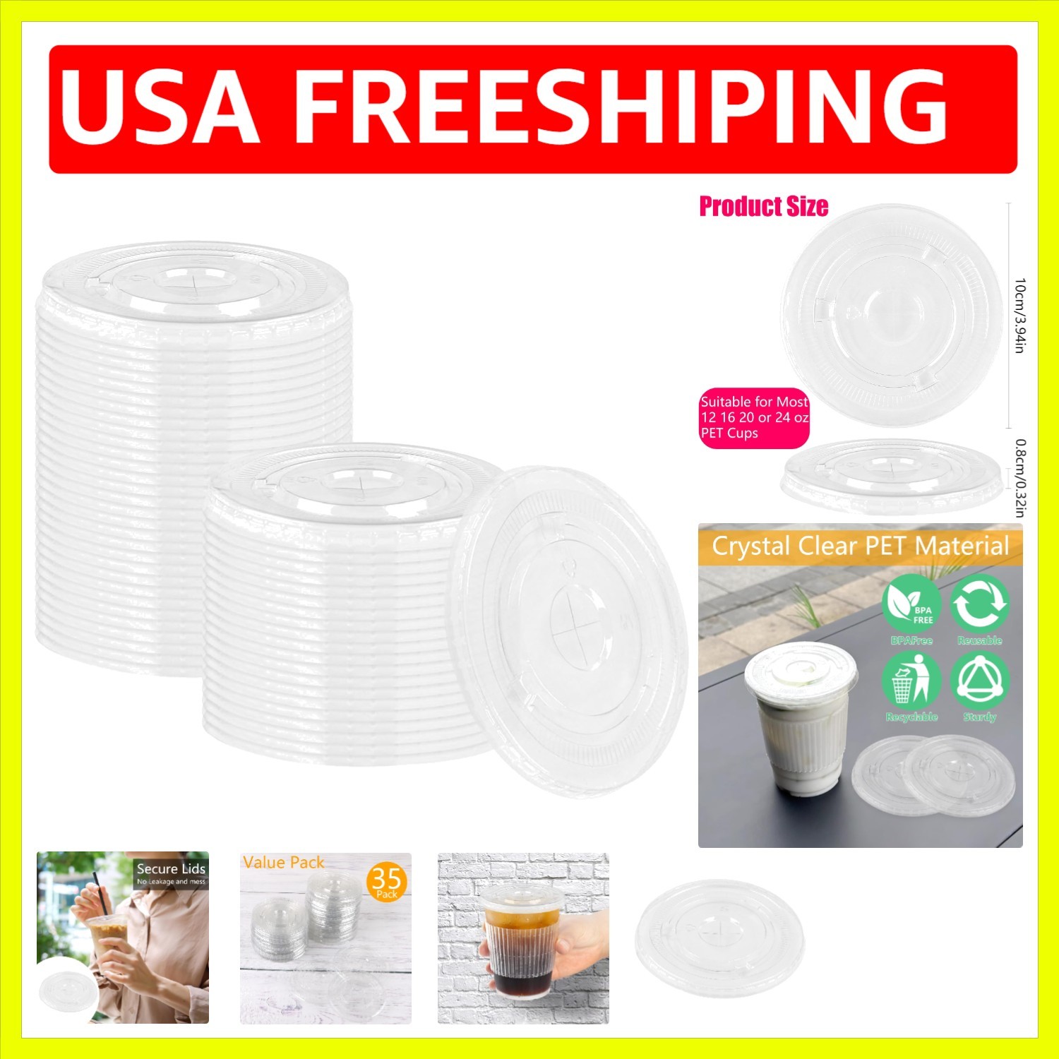 98mm Clear Flat Lids with Straw Slot, Plastic Disposable PET Cup Lids for 12,…