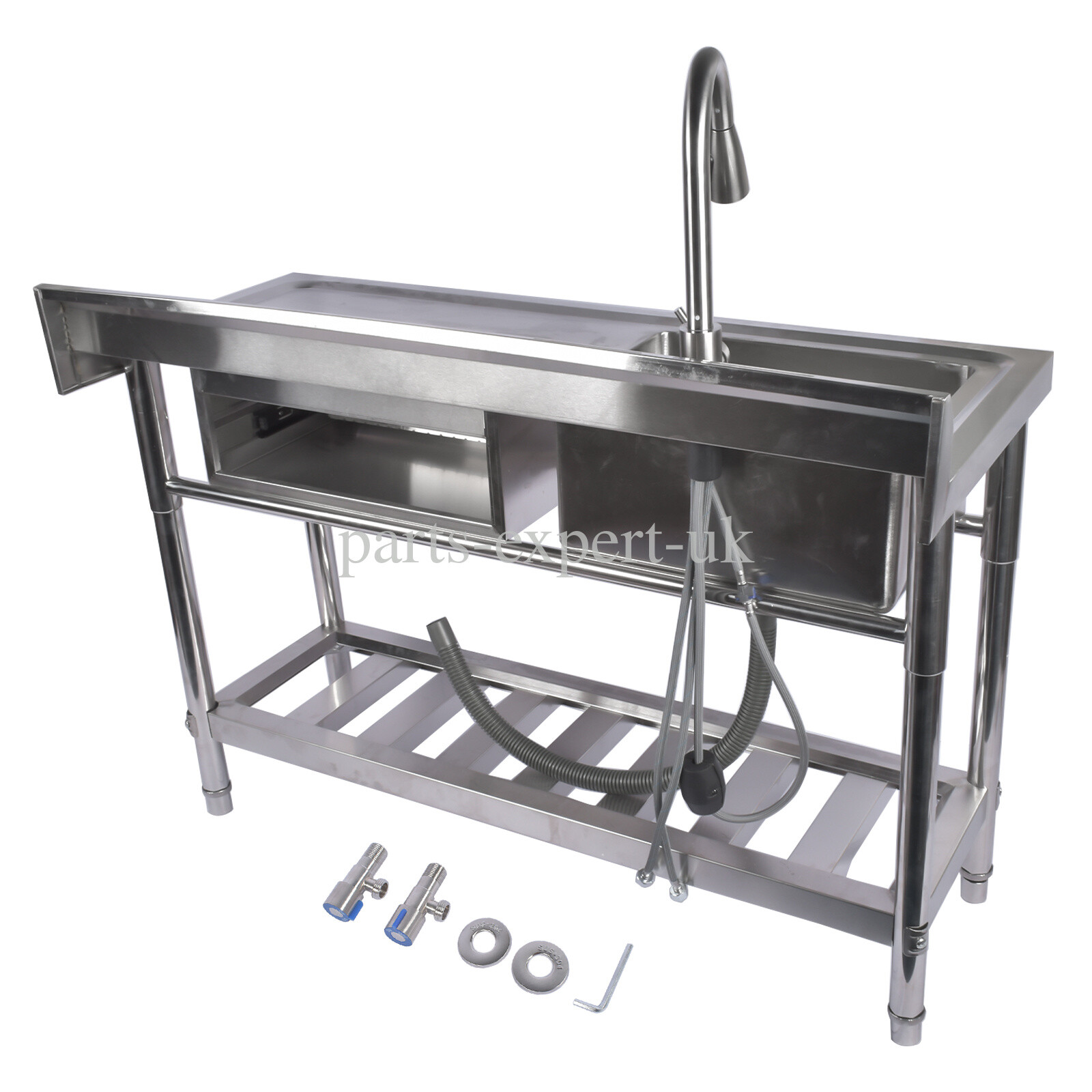 Free Standing Single Bowl Kitchen Sink with Pull-Out Faucet, Hot and Cold Pipes