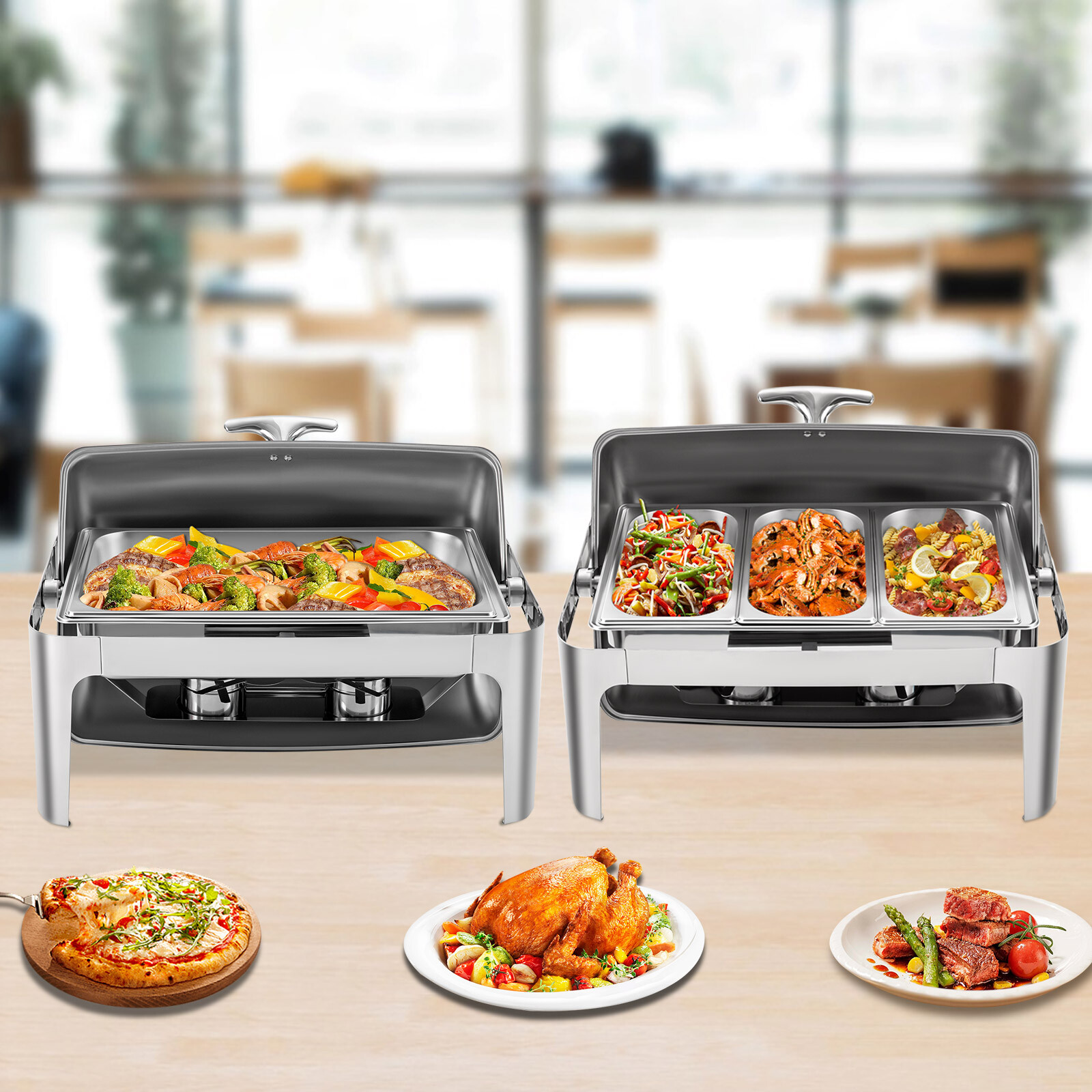 1 OR 3-compartment Roll Top Chafing Dish Buffet Set Pan Chafer Stainless Steel