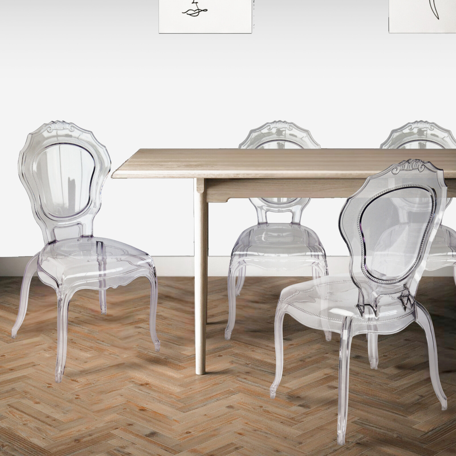 FOH Set of 4 Clear Ghost Dining Chairs, Acrylic Chairs for Events Crown-Back