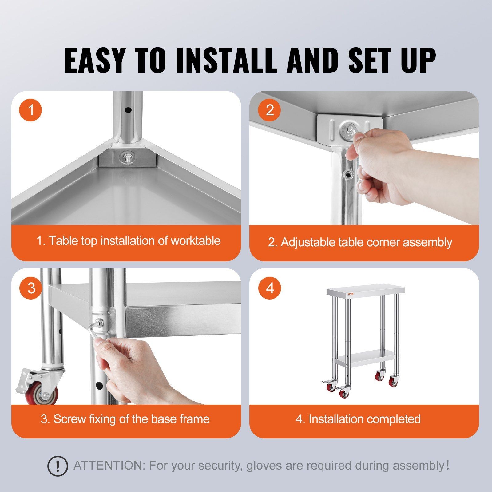 24x12in Rust-Resistant Stainless Steel Work Table with Casters