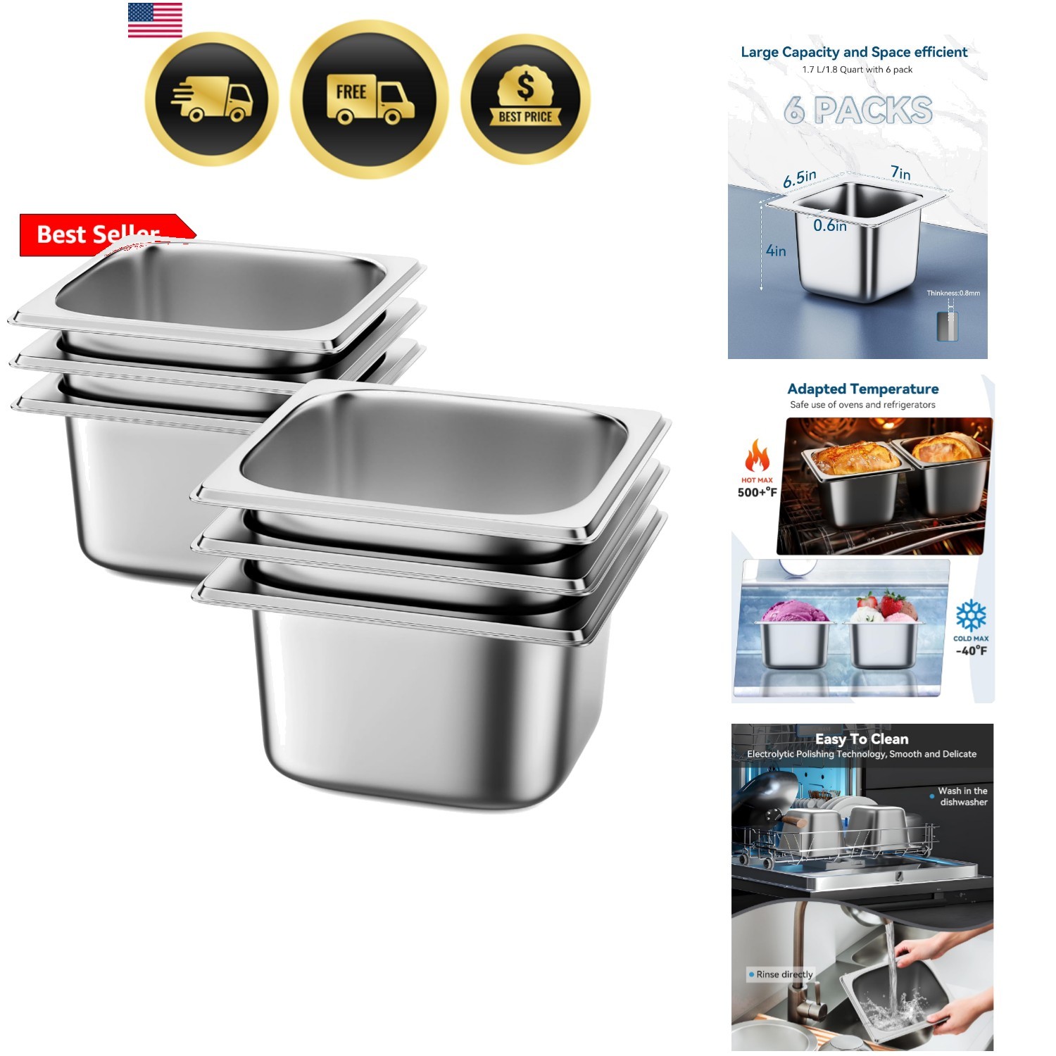6 Pack Hotel Pans 1/6 Size 4″ Deep Steam Table Pan 22 Gauge Anti Jam Stainles…