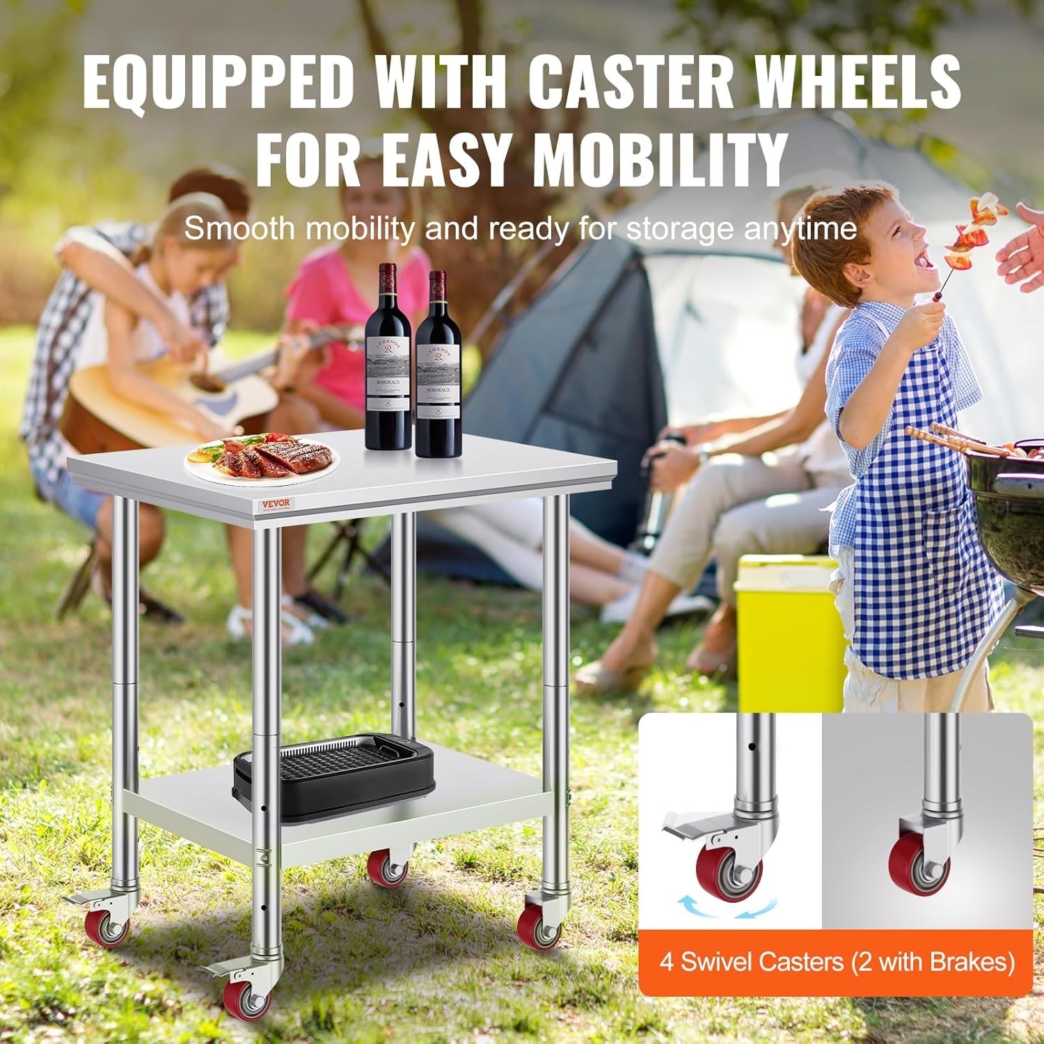 Stainless Steel Work Table with Adjustable Shelf 24 x 30 Inch Mobile Design