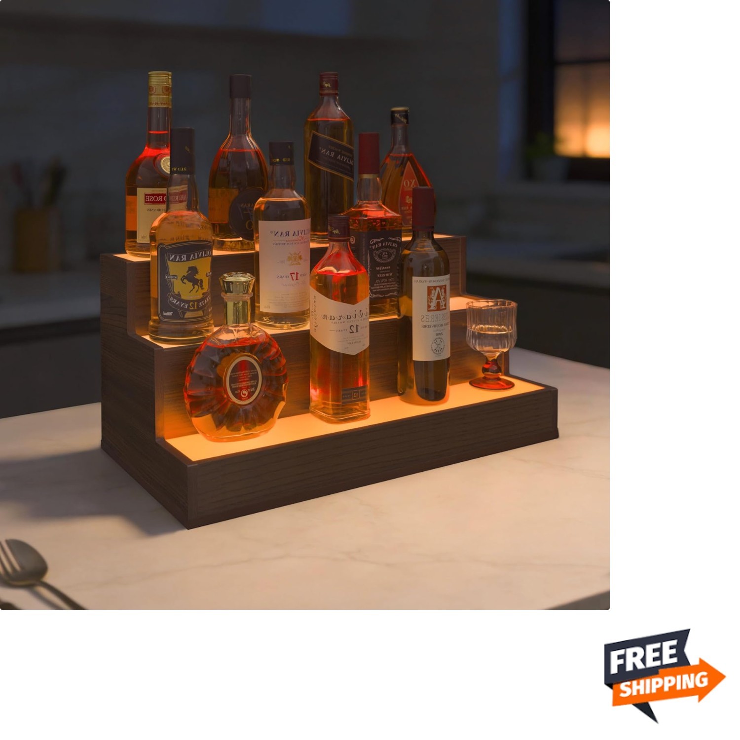 LED Liquor Bottle Display Shelf 24 Inch Walnut Modern 3 Tier Bar