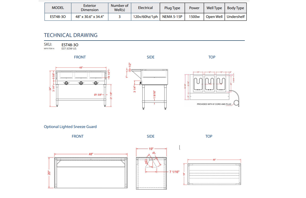 Prepline EST48-3O, 48″ Three Well Electric Hot Food Steam Table with Undershelf