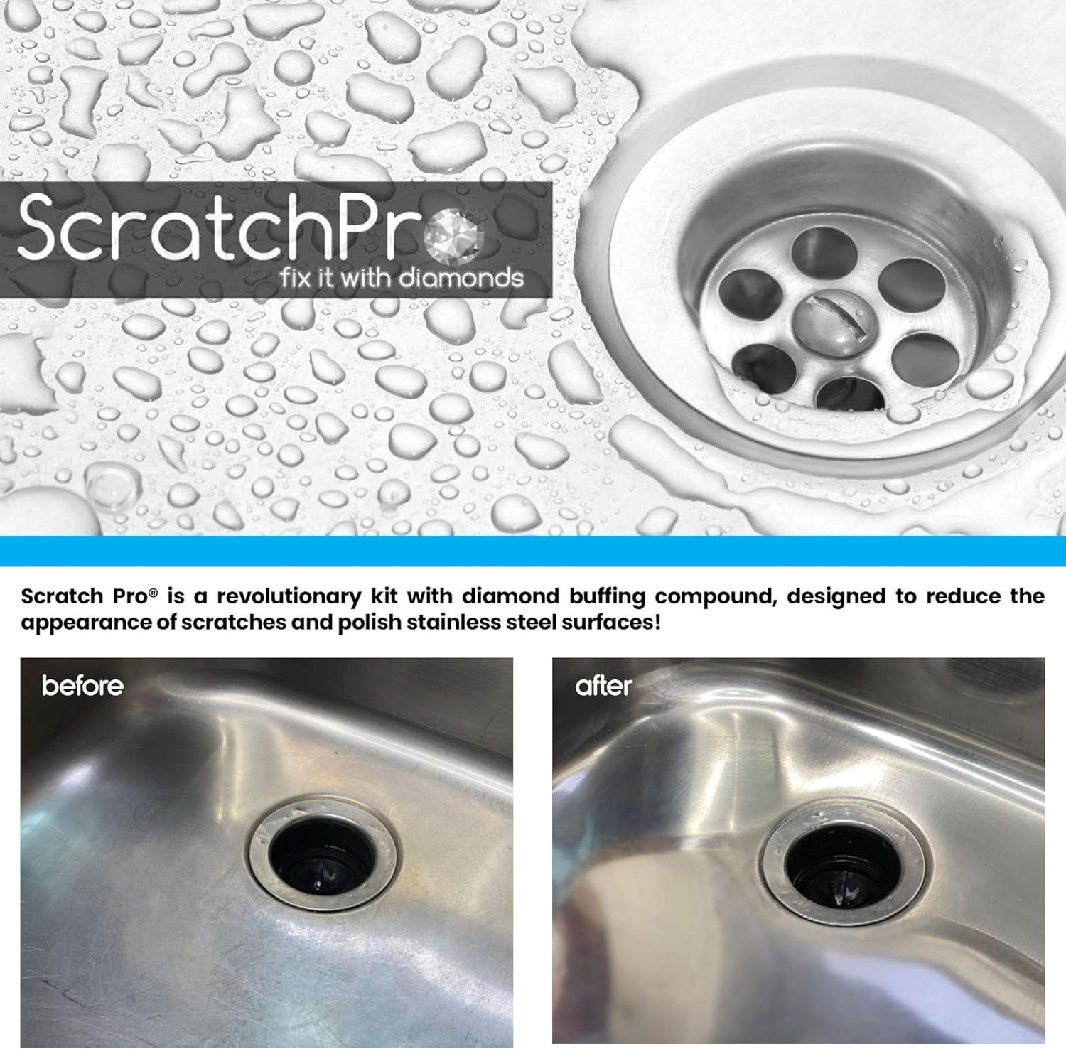 Kit for Polishing and Repairing Stainless Steel Sinks, with Diamond Buffing Comp