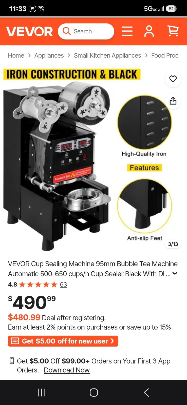 VEVOR BM-906 Automatic Cup Sealing Machine 95mm Bubble Tea Sealer