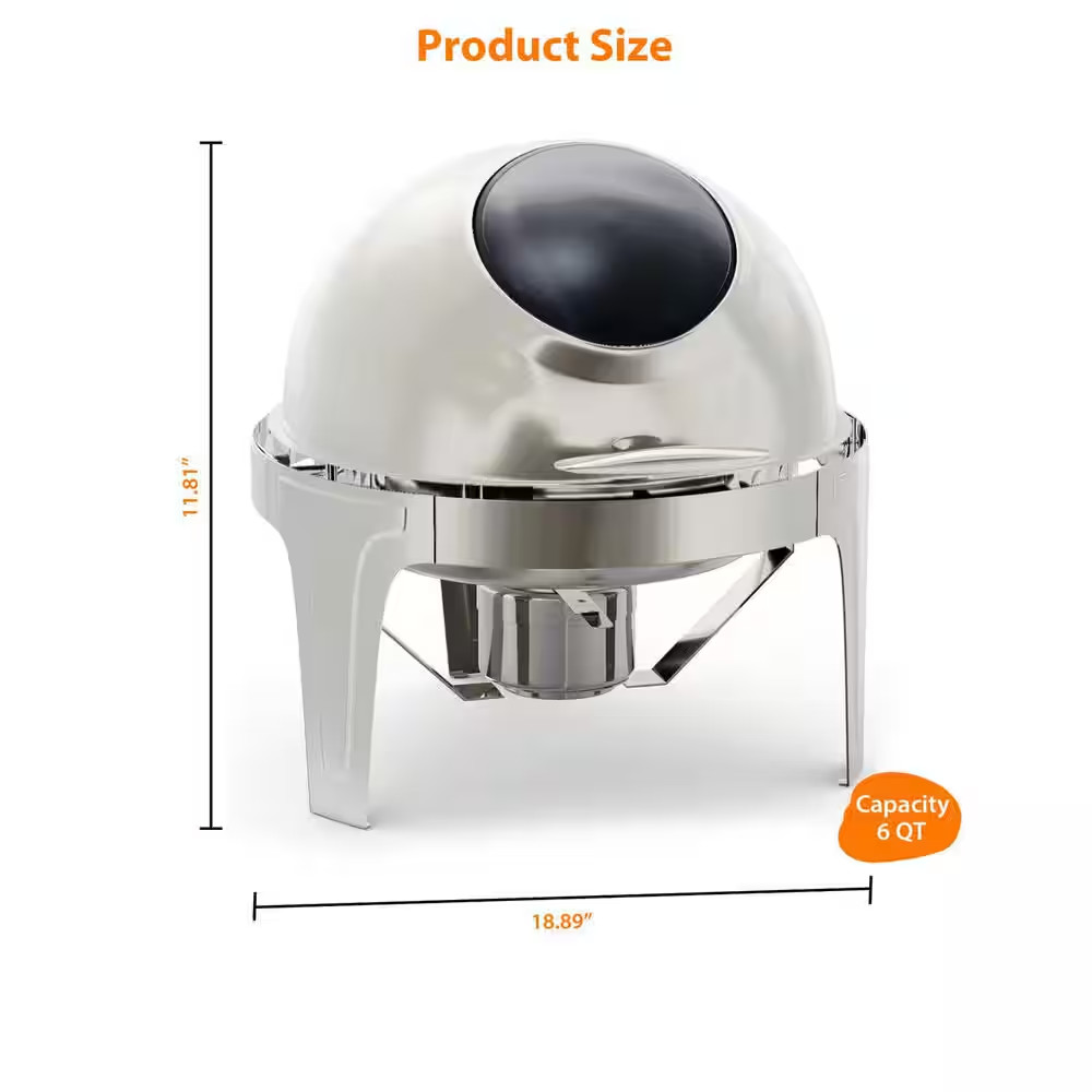 6.3 Qt. round Stainless Steel Chafing Dish Buffet Server with Visible Roll Top,