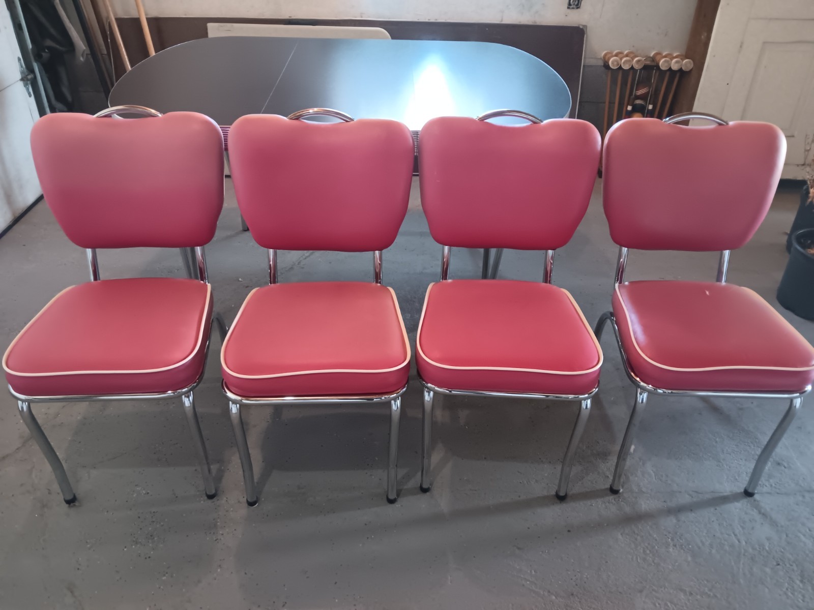 Retro Style, Chrome Edge Table and 4pc. Pink Chair Set