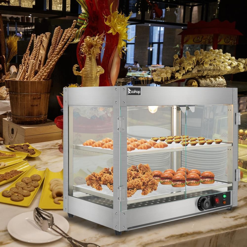 2 Tiers Electric Commercial Glass Heating Food Warm Service Pizza Display Case