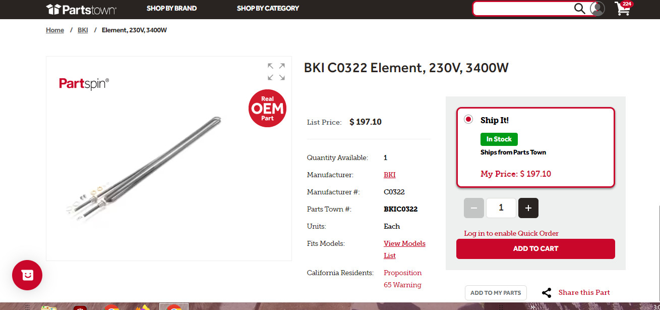 BKI C0322 Element, 230V, 3400W – Free Shipping + Geniune OEM