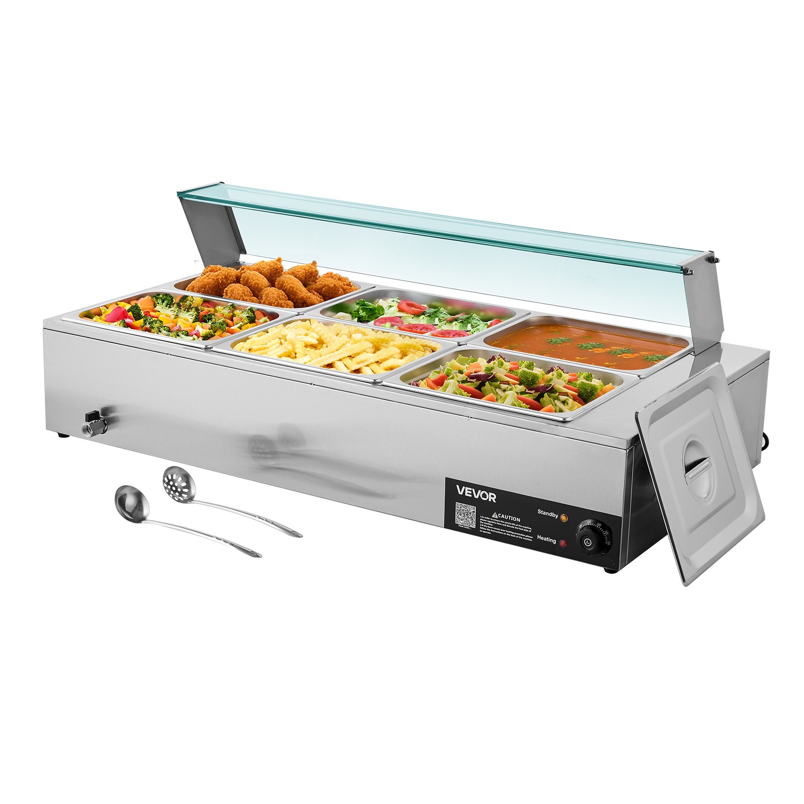 VEVOR Commercial Food Warmer 6x 1/2 Size Pans Buffet Bain Marie with Glass Cover