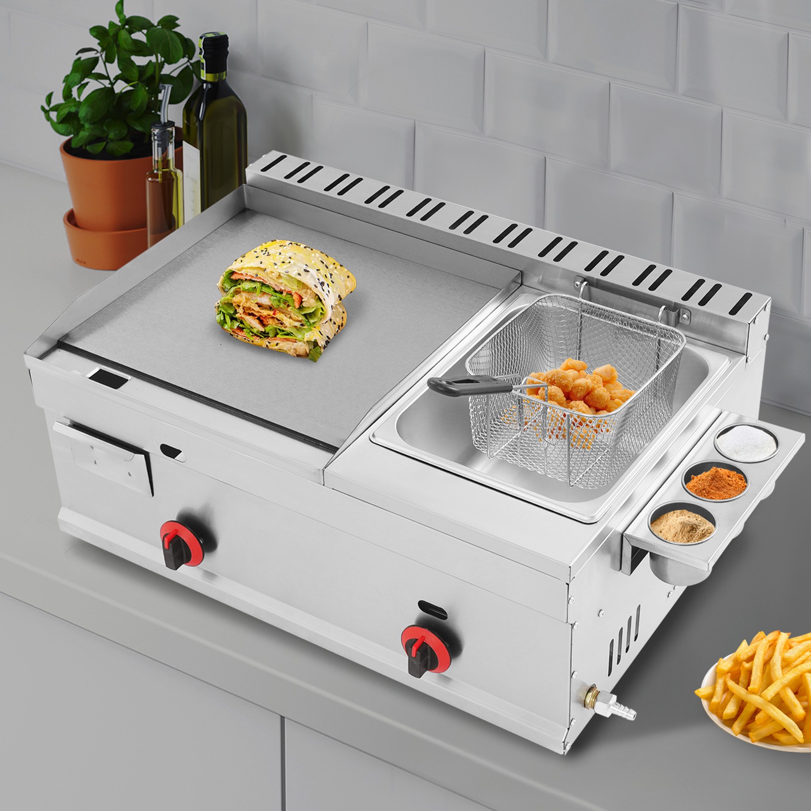 Commercial Deep Fryer 6L Countertop Gas Fryer Restaurant with Grill Griddle