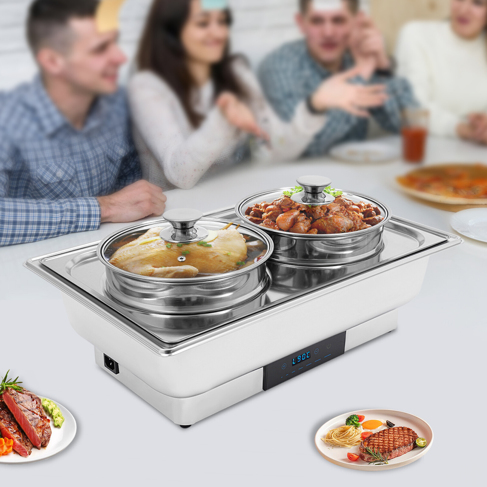 2-Pan Commercial Electric Food Warmer 8L Stainless Steel Food Warmer 95-194??F