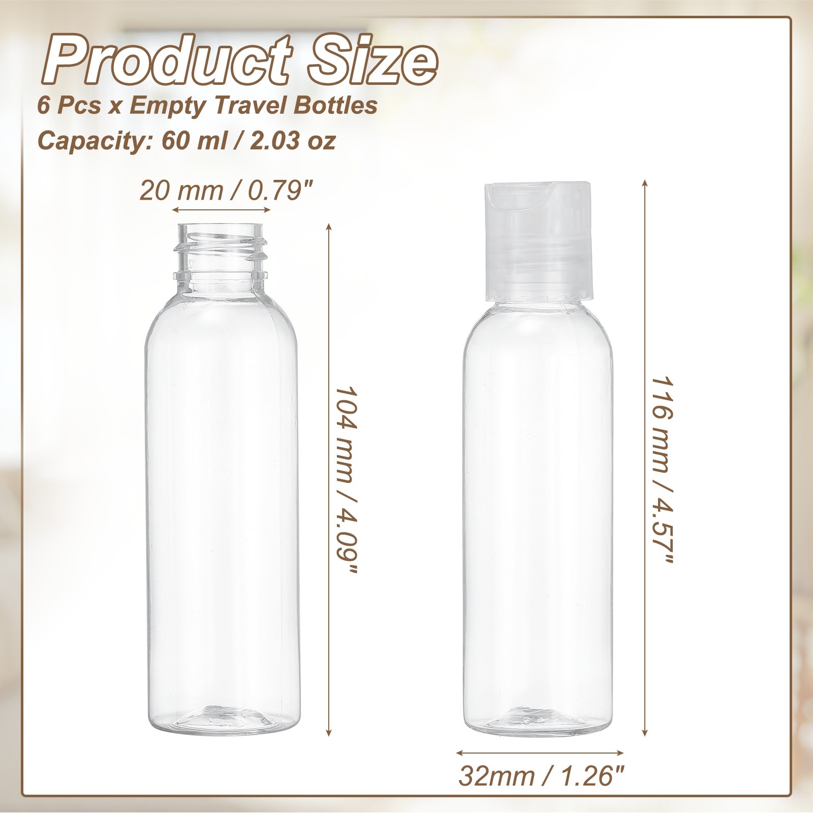 6Pcs 2oz Plastic Travel Bottles, Empty Bottles with Clear Top Caps, Clear