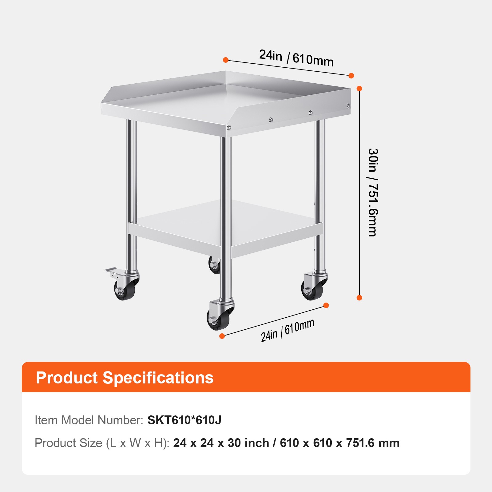VEVOR Stainless Steel Work Table 24″x24″ Commercial Food Prep Table W/ 4 Casters