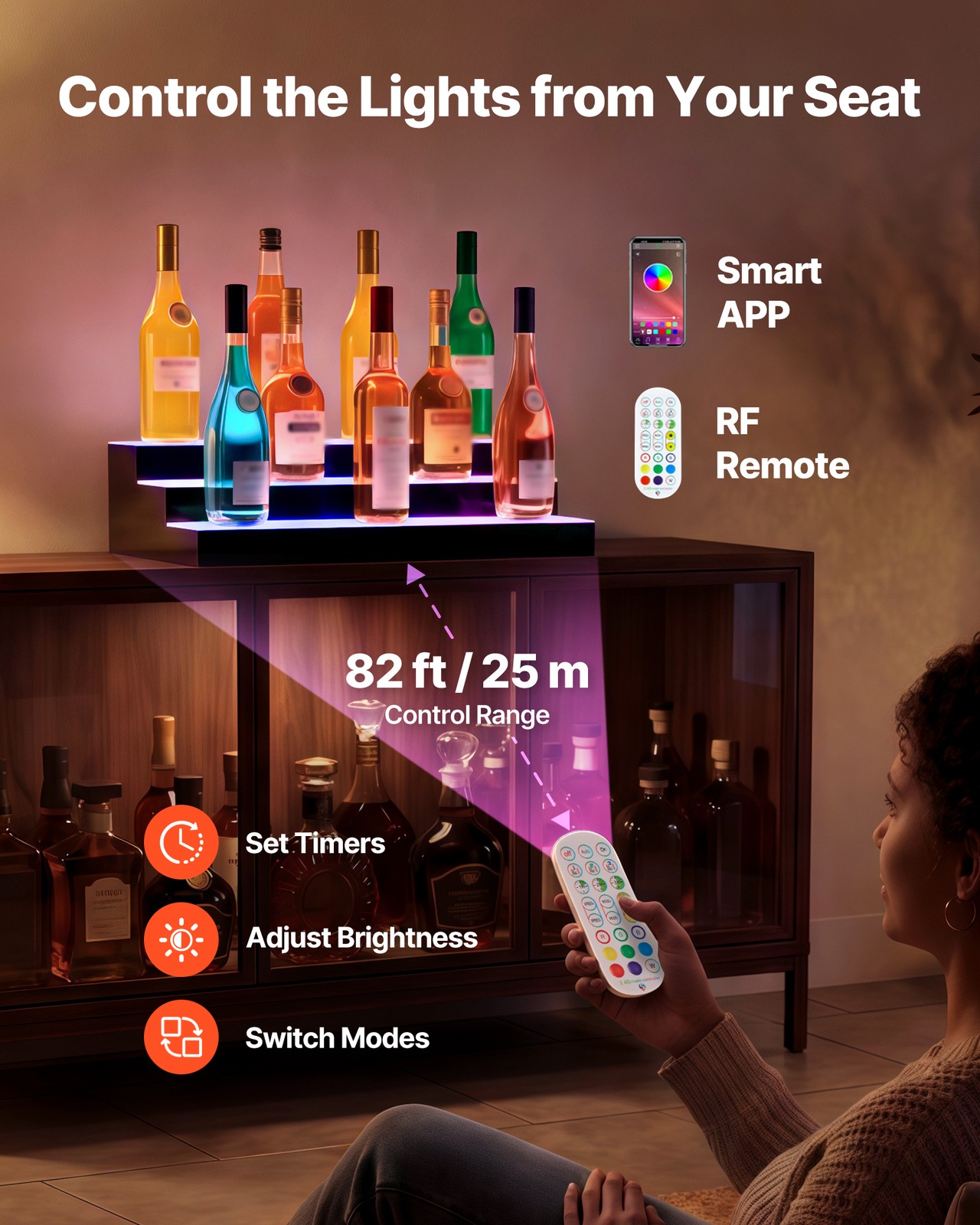 VEVOR LED Lighted Liquor Bottle Display Home Bar Shelf 3 Tiers 24 inches Acrylic